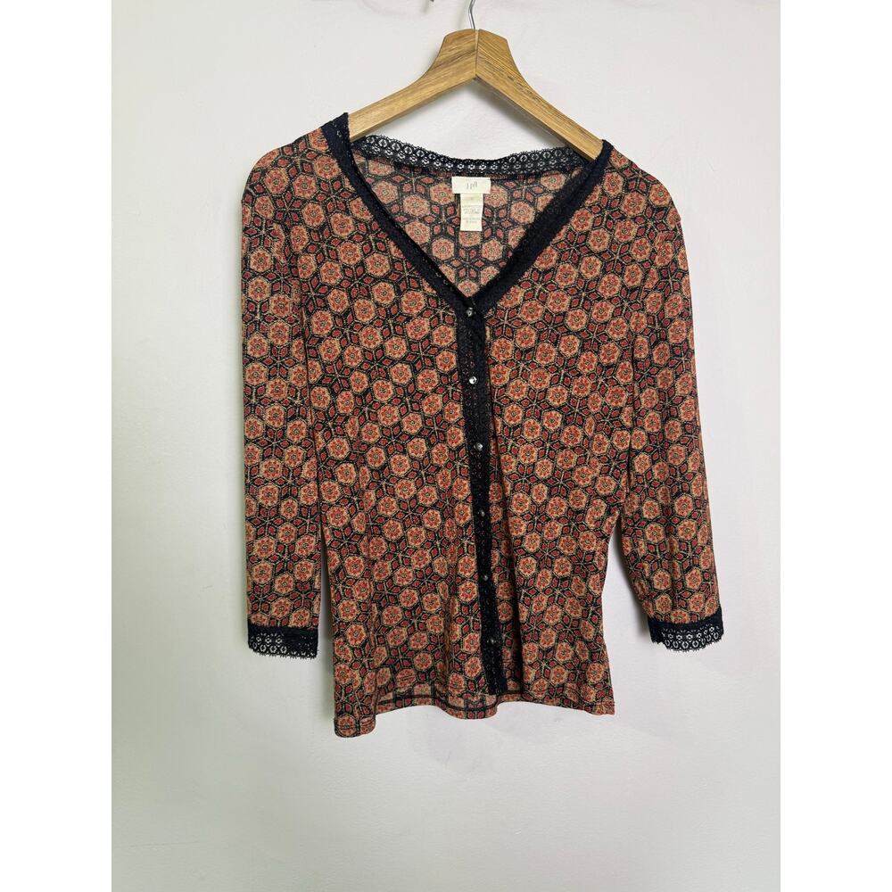 J.Jill Women’s Small Boho Floral Button Front Top Black Lace Trim 3/4 Sleeve